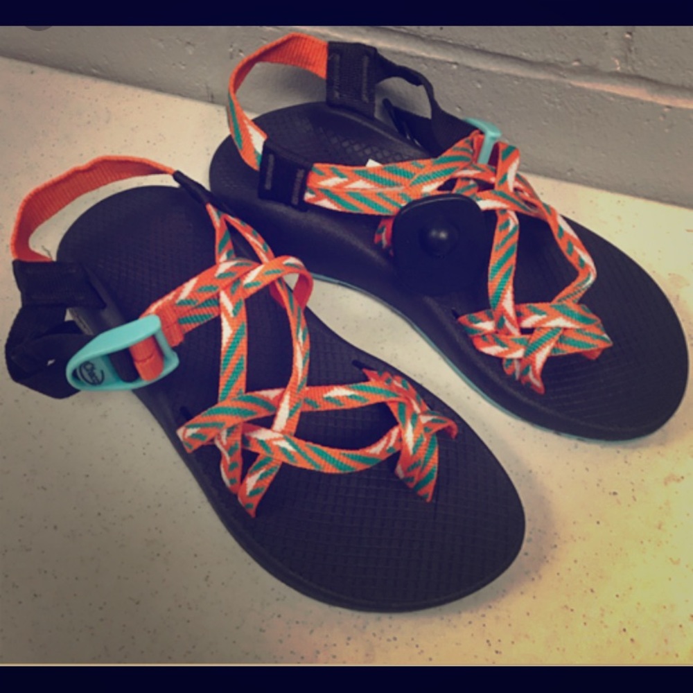Chaco’s sandals blue, orange, and white